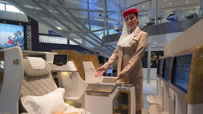 Emirates’ new, improved business class seat displayed on Emirates’ Infinite Possibilities stand at ITP Berlin. Courtesy Emirates
