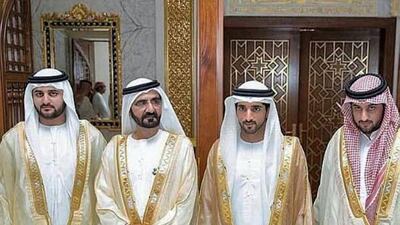 Sheikh Mohammed bin Rashid, Vice President and Ruler of Dubai, with his newly married sons Sheikh Maktoum, Sheikh Hamdan and Sheikh Ahmed.