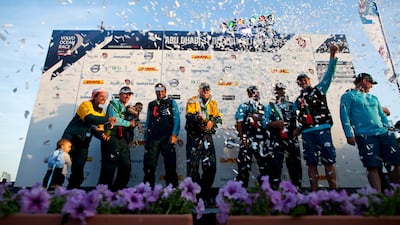 Members of Team Telefonica celebrate after completing the second leg of the Volvo Ocean Race in Abu Dhabi on January 4, 2012. Christopher Pike / The National