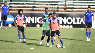 UAE football player Walid Abbas controls the ball during a team training session on Wednesday ahead of the 2015 Asian Cup.