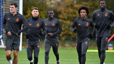 Chelsea defender Andreas Christensen, midfielders Jorginho, N'Golo Kante, Willian and defender Kurt Zouma attend a training session. AFP