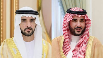 Sheikh Hamdan bin Mohammed, Crown Prince of Dubai, Deputy Prime Minister and Minister of Defence, and Saudi Defence Minister Prince Khalid bin Salman.