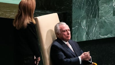 Michel Temer, Brazil's president, sits during the UN General Assembly meeting in New York, US. Temer said that isolationism, intolerance and unilateralism are challenges to the integrity of the international order. Bloomberg