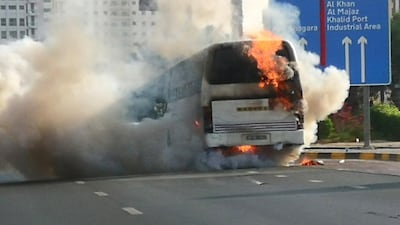 A bus catches fire and explodes outside Safeer Mall in Sharjah. Kumar Shyam / The National