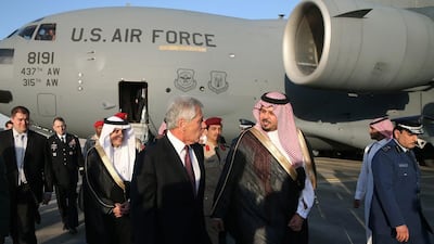 The US defence secretary, Chuck Hagel, is greeted by Saudi Crown Prince Salman bin Sultan bin Abdulaziz in Riyadh. His regional tour was aimed at reassuring allies that the US administration has no intention of abandoning them. Mark Wilson / AP