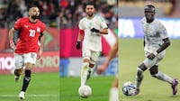 From left, Mohamed Salah, Riyad Mahrez and Sadio Mane. EPA; AFP
