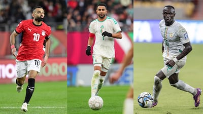 From left, Mohamed Salah, Riyad Mahrez and Sadio Mane. EPA; AFP