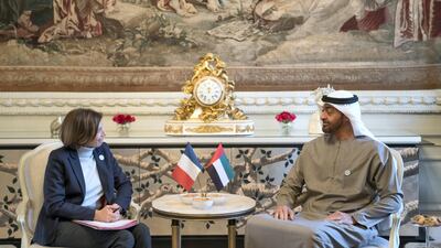 Sheikh Mohamed bin Zayed meets Florence Parly, Minister of the Armed Forces of France, in Paris. Mohamed Al Hammadi / Ministry of Presidential Affairs
