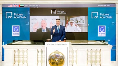 To celebrate the launch of trading in Murban crude futures in Abu Dhabi, Adnoc rang the opening bell at the New York Stock Exchange on Monday. Dr Sultan Al Jaber, Minister of Industry and Advanced Technology and Adnoc's managing director and group chief executive and ICE chairman Jeffrey Sprecher are on the video screens. The bell ringer is John Tuttle, NYSE Vice Chairman and Chief Commercial Officer. Image: NYSE