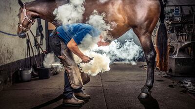 Farrier Garry Harland hot-shoeing Connie, a 12-year-old thoroughbred mare at his Forge in Spofforth near Harrogate, North Yorkshire, northern England. Taken by James Glossop. The Times/PA