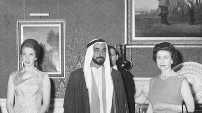 The UAE Founding Father, the late Sheikh Zayed bin Sultan Al Nahyan, with Queen Elizabeth and Princess Anne at Buckingham Palace in 1969. Getty