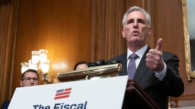 House Speaker Kevin McCarthy holds a news conference after the lower chamber of Congress passed the debt ceiling bill. AP