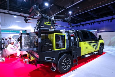 The Shaheen firefighting drone on display at the World Crisis and Emergency Management Summit in Abu Dhabi. Victor Besa / The National