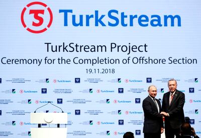 Turkish President Recep Tayyip Erdogan and his Russian counterpart Vladimir Putin shake hands to mark the completion of the sea part of the TurkStream gas pipeline, in Istanbul in 2018. Reuters