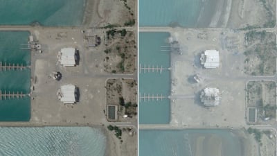 Satellite imagery shows damage to a port building after US strikes in Sarkhur Tahruyi, in Hormozgan province