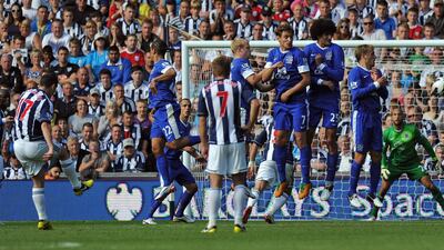 Graham Dorrans hits a free kick for West Bromwich Albion against Everton. Paul Ellis/AFP Photo