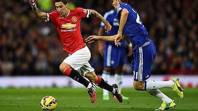 Angel Di Maria, left, of Manchester United has contributed to 47.1 per cent of United’s 17 goals, with three of his own strikes and five assists; this is despite signing after United had already played two games of the season. Laurence Griffiths/Getty Images