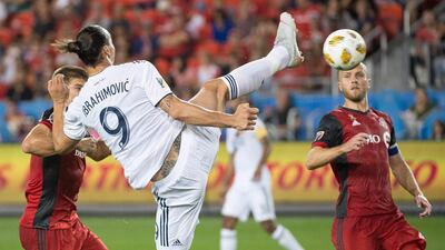 Zlatan Ibrahimovic scores his 500th goal during the first half against Toronto FC at BMO Field. Nick Turchiaro / USA TODAY Sports