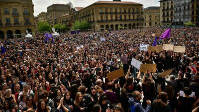 Thousands of people filled the Plaza del Castillo square during a protest in Pamplona, northern Spain, Saturday, April 28, 2018. (AP/Alvaro Barrientos)