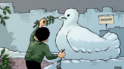 Our cartoonist Shadi Ghanim's take on snow bringing rare joy to Iraqis amid their country's political and social crisis.