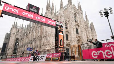 British rider Tao Geoghegan Hart completes the Stage 21 time-trial in front of Milan Cathedral and seals overall victory in the Giro d'Italia on Sunday, October 25. AP