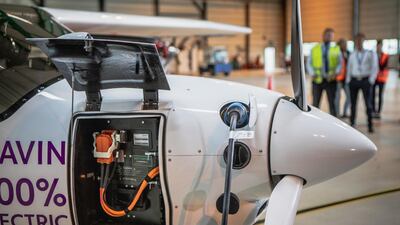 An Avinor AS Alpha Electro G2 electric two-seater plane is charged ahead of its inaugural flight at Oslo airport. Odin Jaeger/Bloomberg