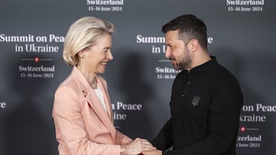 Mr Zelenskyy welcomes Ms von der Leyen. EPA