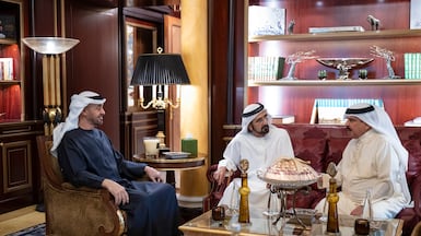 President Sheikh Mohamed, Sheikh Mohammed bin Rashid, Vice President, Prime Minister and Ruler of Dubai, and King Hamad of Bahrain hold talks on Wednesday. Abdulla Al Neyadi / UAE Presidential Court