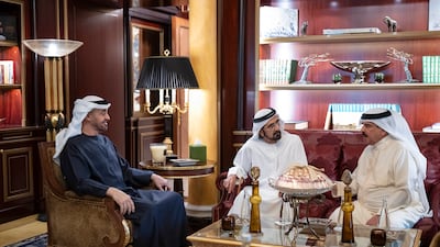 President Sheikh Mohamed, Sheikh Mohammed bin Rashid, Vice President, Prime Minister and Ruler of Dubai, and King Hamad of Bahrain hold talks on Wednesday. Abdulla Al Neyadi / UAE Presidential Court