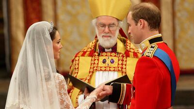 Prince William and Catherine Middleton take their vows during their royal wedding ceremony at Westminster Abbey. Getty Images