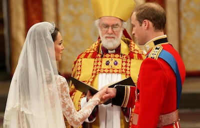 The Duke and Duchess of Cambridge were married by Rowan Williams, who was then Archbishop of Canterbury, at Westminster Abbey on April 29, 2011 in London, England. Getty Images