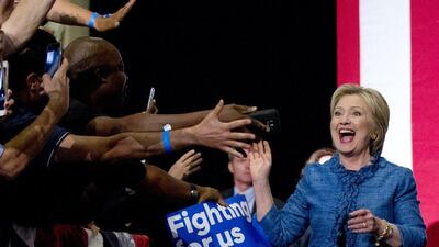 Democratic presidential candidate Hillary Clinton arrives to a cheering crowd at the Palm Beach County Convention Center in West Palm Beach, Florida. Carolyn Kaster / AP