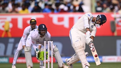 India's Yashasvi Jaiswal smashes a six to bring up his century on the opening day against England. Getty Images