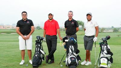 The UAE golf team consists of Khalid Yousuf, left, Ahmed Skaik, coach Greg Holmes and Rashid Hamood. Photo Courtesy Nomura Cup