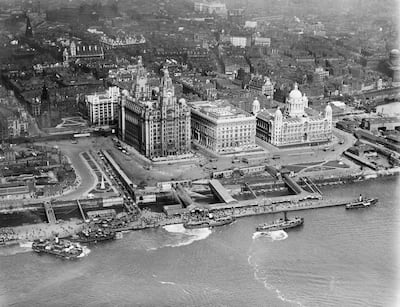 The Three Graces buildings are seen at the Pier Head in 1920. Getty Images