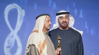 Sheikh Mohammed bin Zayed, Crown Prince of Abu Dhabi and Deputy Supreme Commander of the Armed Forces, presents an Abu Dhabi Award to Sultan Al Dhaheri. Ryan Carter / Crown Prince Court – Abu Dhabi