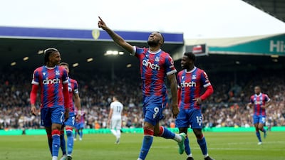Crystal Palace's Jordan Ayew, centre, celebrates after scoring his side's second goal in the 5-1 Premier League win against Leeds United at Elland Road on Sunday, April 9, 2023. PA