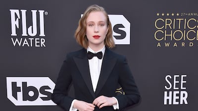 Hannah Einbinder wore a Giorgio Armani tuxedo accessorised with a cummerbund, bow tie and vintage Van Cleef & Arpels cuff links to attend the 27th Critics Choice Awards on March 13, 2022. AP Photo