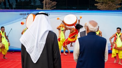 Sheikh Mohamed and Mr Modi watch Indian traditional performers at Palam Air Base