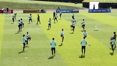 Portugal’s players during a training session at the French national rugby team’s camp in Marcoussis near Paris to take part on the Euro 2016, France, 08 July 2016. Portugal faces France on 10 July in the UEFA Euro 2016 Final. EPA/MIGUEL A. LOPES
