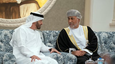 Shihab bin Tariq Al Saeed, Special Adviser to the Sultan of Oman, offers condolences to Sheikh Mohamed bin Zayed at Al Mushrif Palace. Hamad Al Mansoori for the Ministry of Presidential Affairs