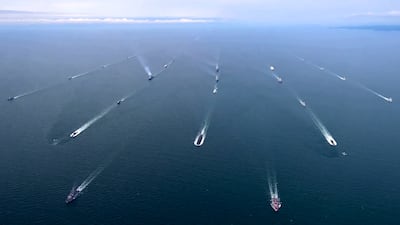 Russia's Pacific Fleet warships and submarines sail in the Peter the Great Gulf of the Sea of Japan during this month. AFP