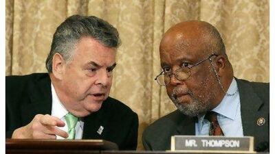 Committee chairman Peter King (left) and Representative Bennie Thompson confer during a House homeland security committee hearing in Washington. Mark Wilson / Getty Images / AFP