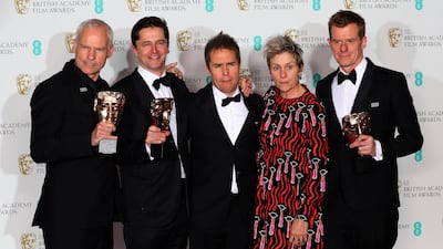 Martin McDonagh, Peter Czernin, Sam Rockwell and Graham Broadbent, pose with Frances McDormand, as they hold their trophies for Best Film for Three Billboards Outside Ebbing Missouri. REUTERS/Hannah McKay