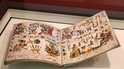 ABU DHABI , UNITED ARAB EMIRATES , May 13 – 2019 :- Ancient Mexican artefacts called Codices of Mexico: The Old Books of the New World on display at Qasr Al Watan Library in Abu Dhabi. This one is Codex Borgia, Facsimile of the original , Deer parchment and natural pigments. ( Pawan Singh / The National ) For Arts & Life. Story by Katy Gillett