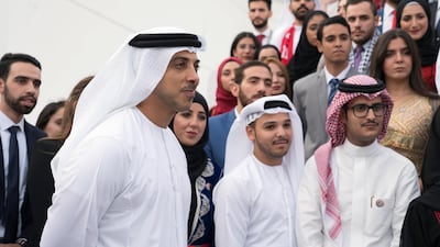 Sheikh Mansour bin Zayed, Deputy Prime Minister of the United Arab Emirates and Minister of Presidential Affairs, receives members of the Young Arab Media Leaders Programme, during a Sea Palace barza. Mohamed Al Hammadi / Ministry of Presidential Affairs