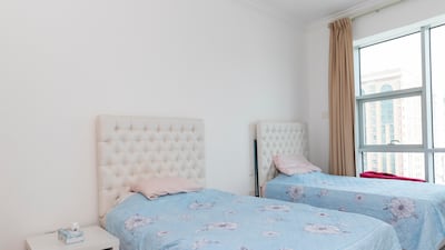 The master bedroom. The apartment has one bedroom and two bathrooms