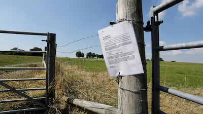 An application for planning permission notice, submitted by Cuadrilla at the entrance to their currently inactive drilling site in Cowden, Kent. Gareth Fuller / PA Wire