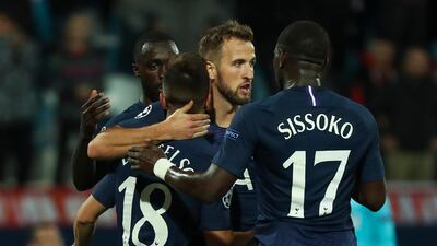 Tottenham Hotspur's Giovani Lo Celso celebrates with teammates after scoring the opening goal. EPA