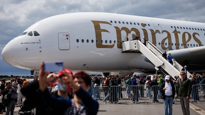 An Emirates Airbus A380-800 at the ILA Berlin Air Show 2026 in Schoenefeld, Germany. EPA